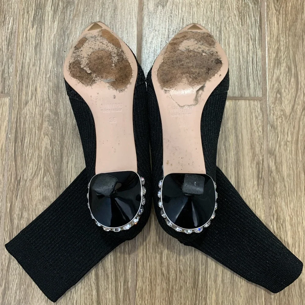 Miu Miu Black Glitter Sock Ankle Boots with Jeweled Heel